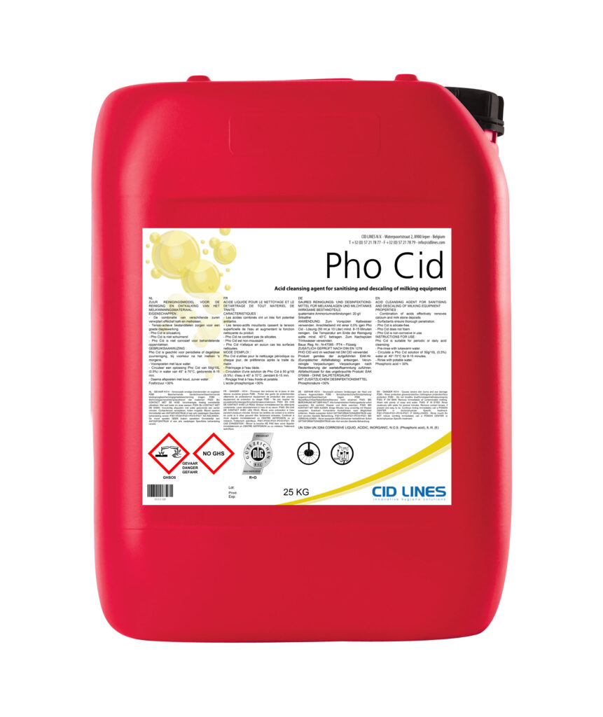 Pho Cid – 25 kg kwasowy środek czyszczący (acid cleansing agent) do odkamieniania i dezynfekcji urządzeń udojowych marki CID LINES.
