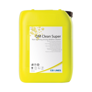 Na zdjęciu żółty kanister środka czyszczącego „DM Clean Super” — non foaming strong alkaline cleaner marki CID LINES.