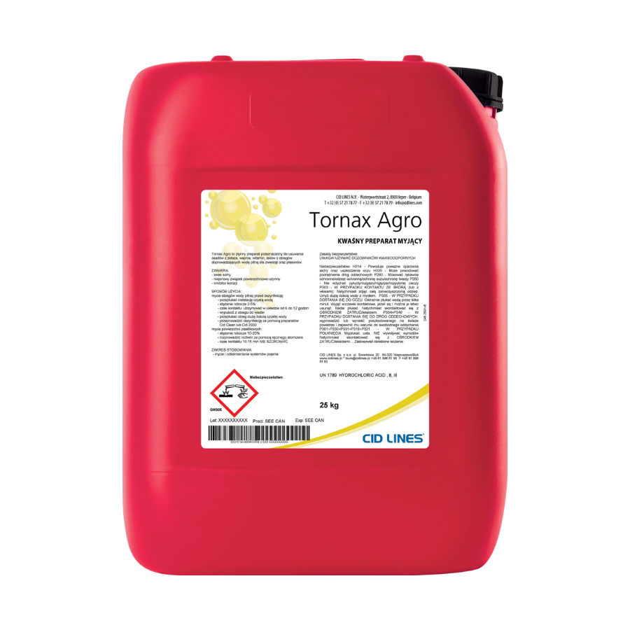 Tornax Agro — kwaśny preparat myjący CID LINES, kanister 25 kg (środek żrący, zawiera kwas solny).