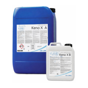 Na zdjęciu dwa kanistry środków chemicznych: Keno X A (duży niebieski) i Keno X B (mniejszy biały) marki CID LINES.
