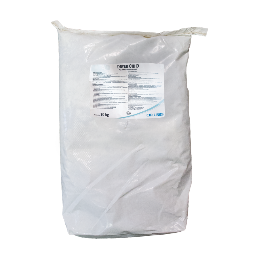 Worek 10 kg produktu Dryer CID D marki CID LINES — chemiczny preparat opakowany w biały worek z etykietą.