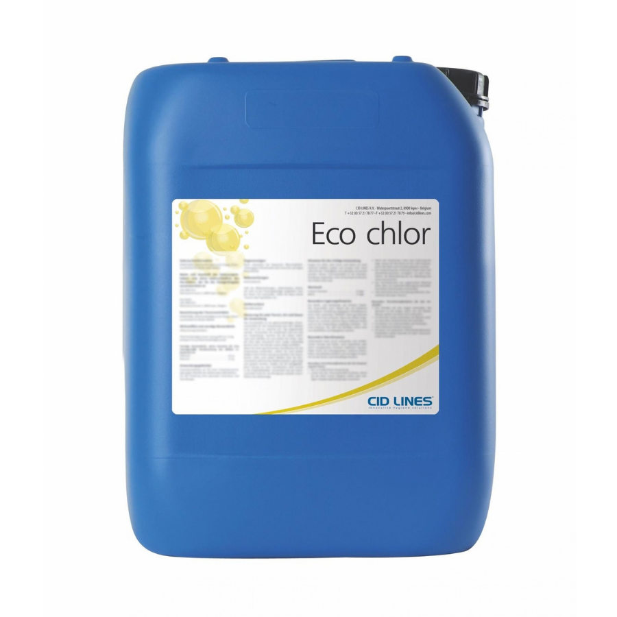 Niebieski kanister z środkiem chemicznym „Eco chlor” marki CID LINES.