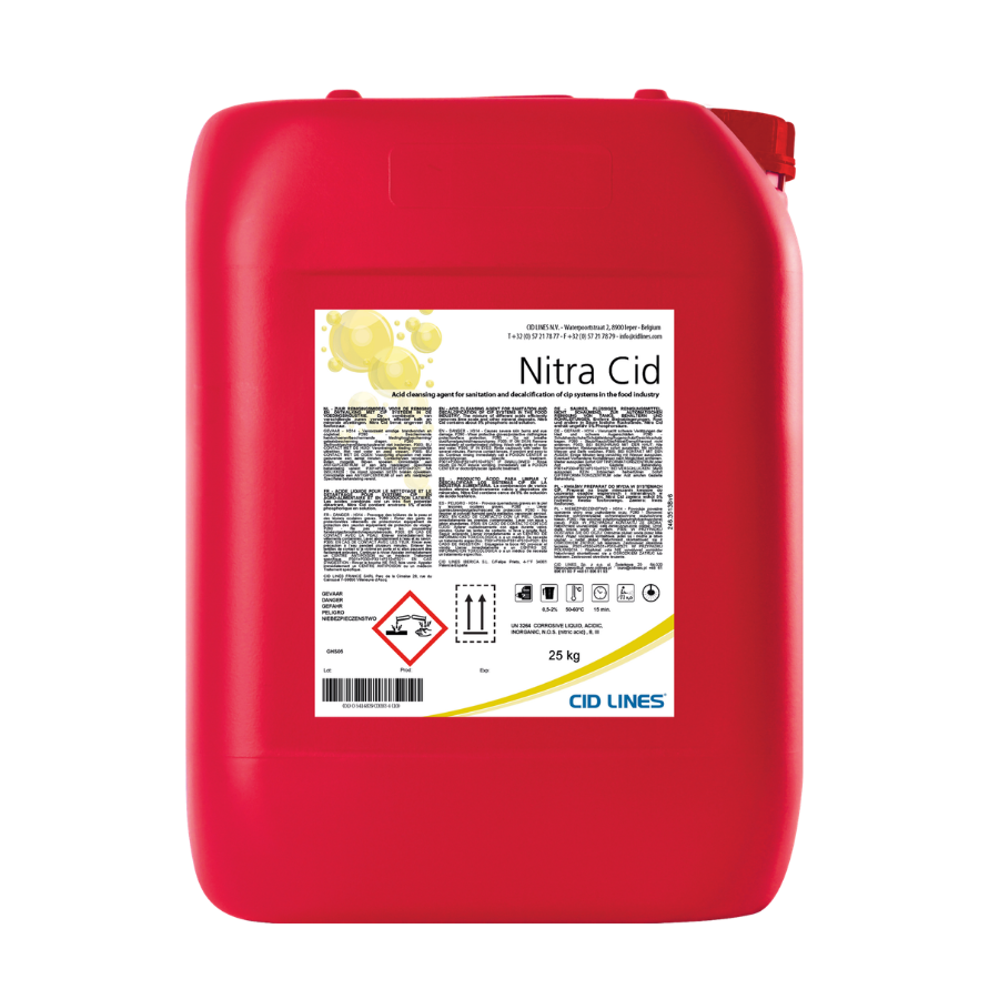 Czerwony kanister 25 kg z produktem Nitra Cid – kwaśnym środkiem czyszczącym i odkamieniaczem do sanitacji marki CID LINES.