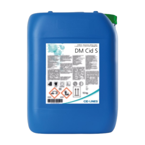 Niebieski kanister środka chemicznego „DM Cid S” marki CID LINES (10 kg) z etykietą i piktogramami ostrzegawczymi.