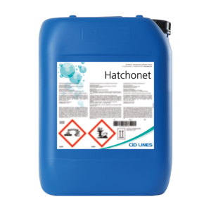 Hatchonet – chemiczny środek marki CID LINES w niebieskim kanistrze z etykietą i piktogramami żrącego i zagrożenia dla środowiska.