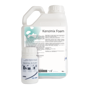 Na zdjęciu duży kanister Kenomix Foam (19 L) oraz mniejsza butelka Kenomix Activator marki CID LINES — profesjonalny preparat pianotwórczy i aktywator do mycia/dezynfekcji.