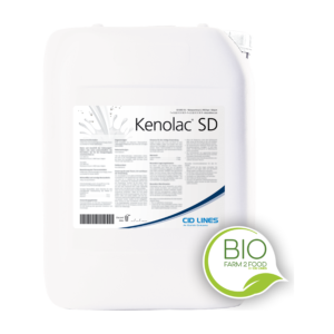 Biały plastikowy kanister z etykietą produktu Kenolac SD marki CID LINES oraz logo BIO Farm 2 Food.