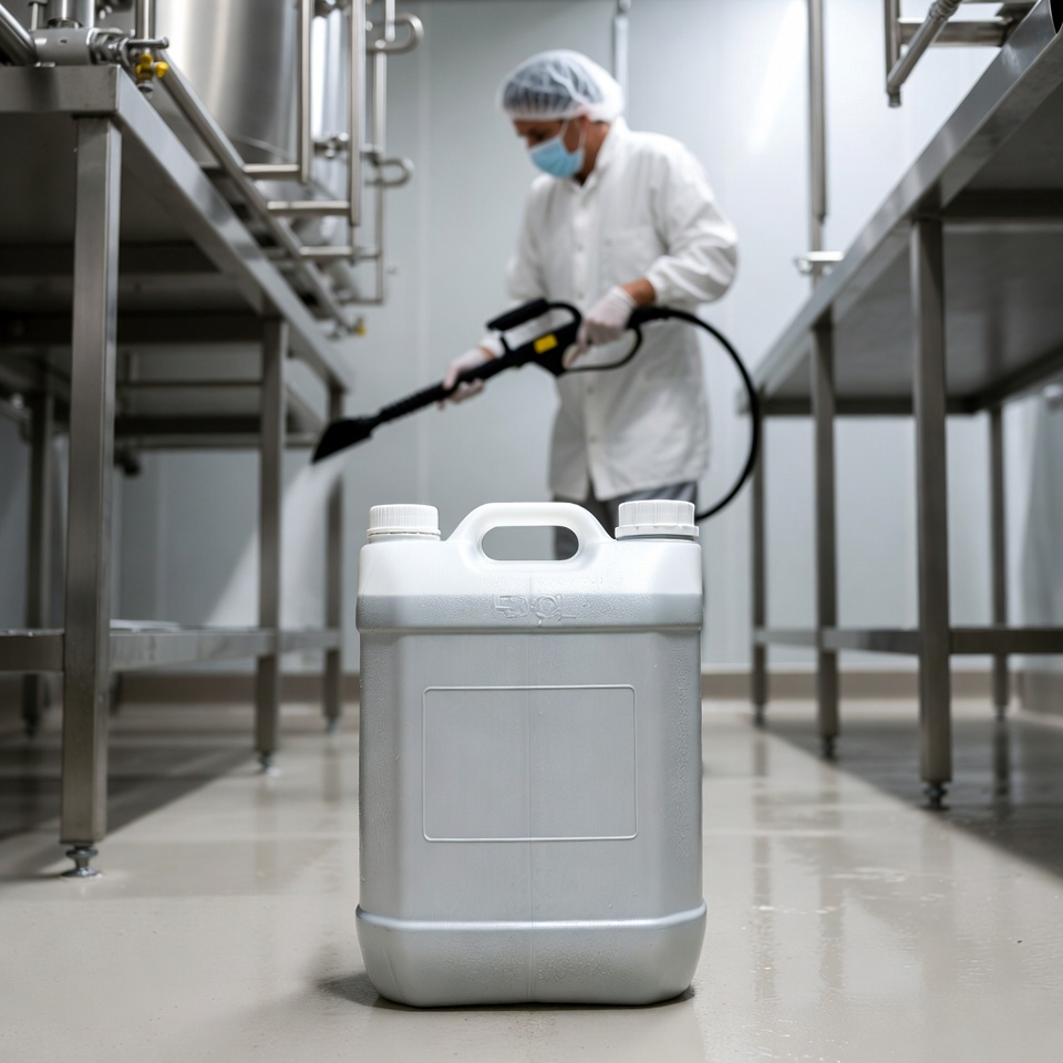 Biały plastikowy kanister (pojemnik na środek czyszczący) na pierwszym planie, w tle pracownik w odzieży ochronnej używający urządzenia myjącego do czyszczenia sprzętu w zakładzie.