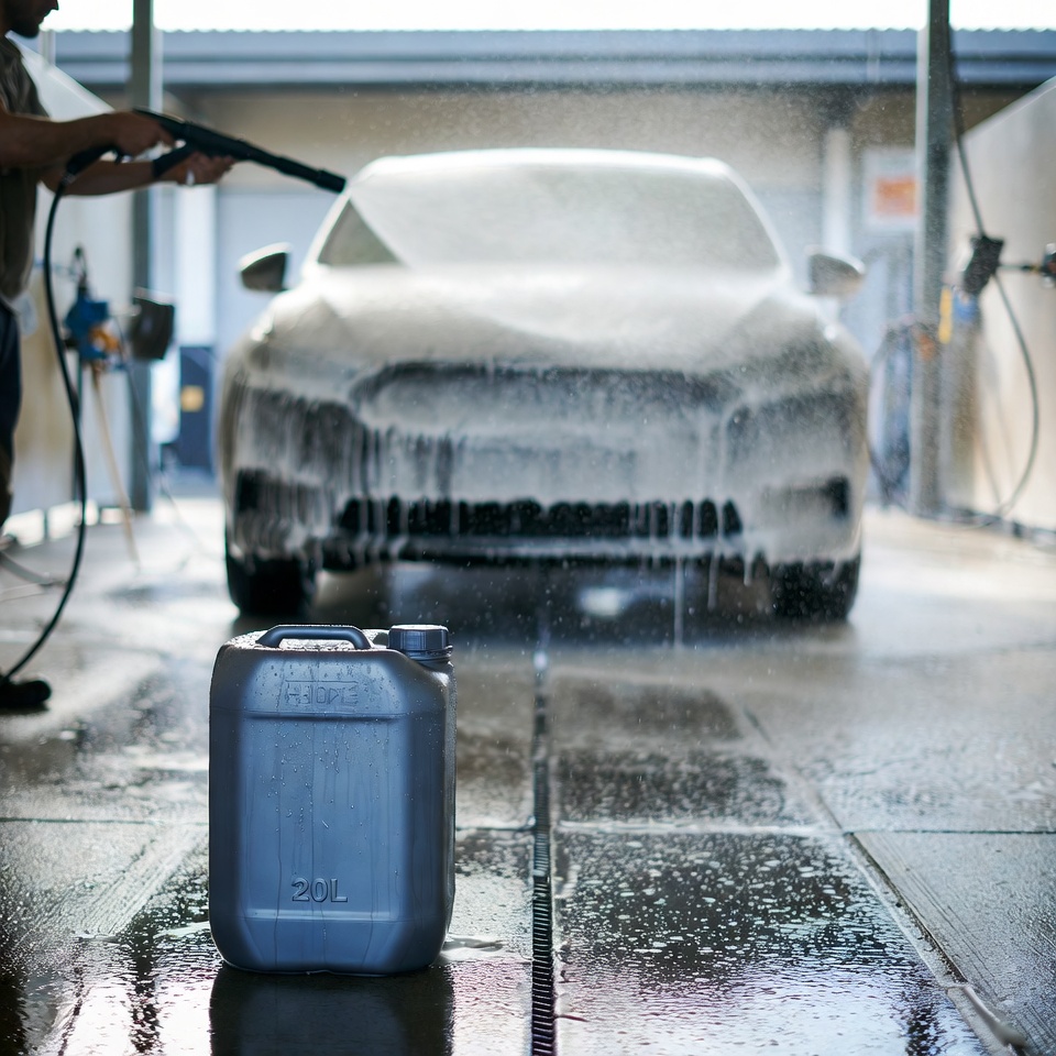 Kanister 20L (oznaczony „20L”) z chemią do mycia samochodów — prawdopodobnie szampon/aktywna piana — na pierwszym planie, a w tle auto pokryte pianą myjącą.